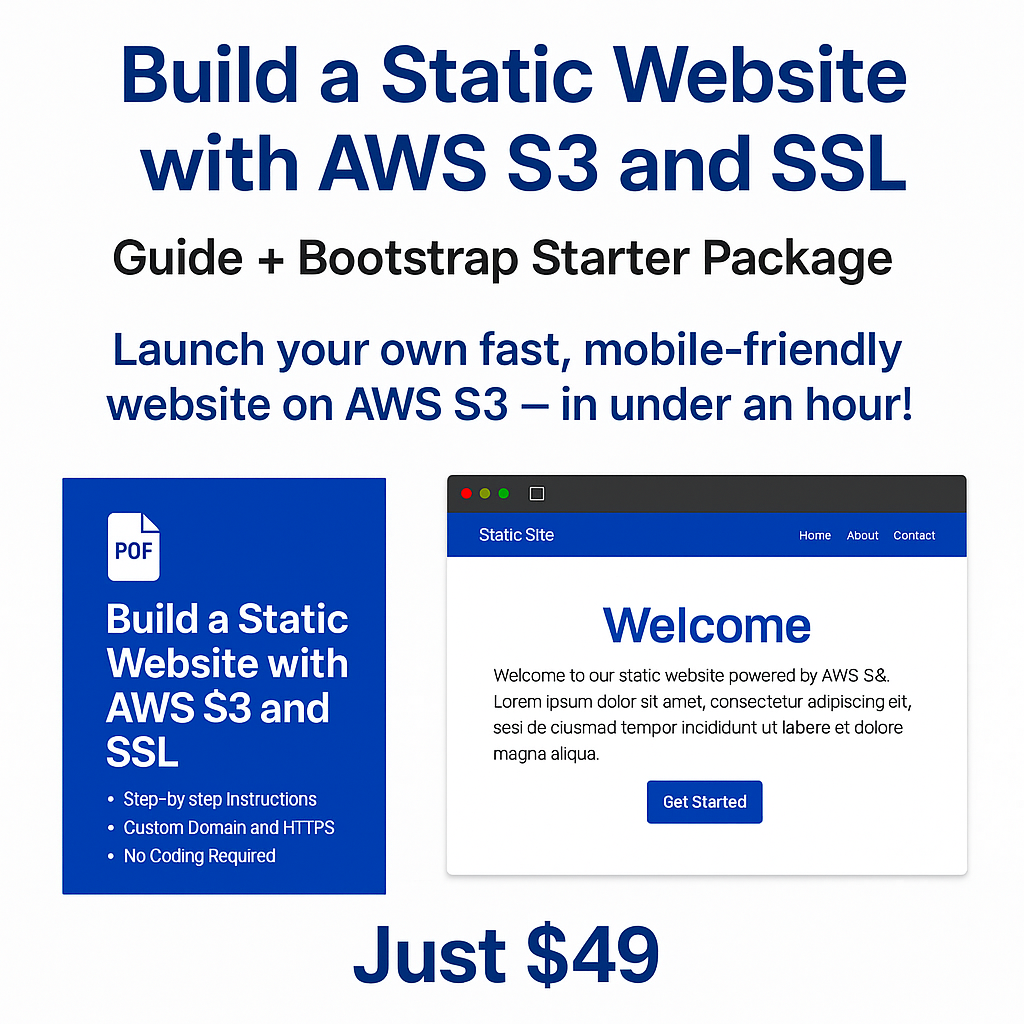 Screenshot of the Build a Static Website with AWS S3 and SSL product, featuring a responsive homepage, PDF guide icon, and promotional text highlighting the $49 price and included Bootstrap Starter Package.